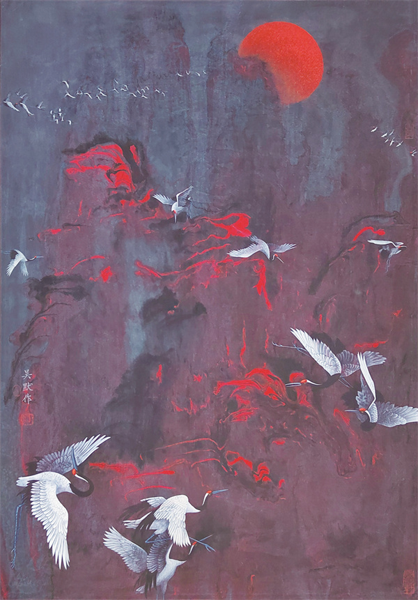 1660825154586076.jpg 斜阳鹤午图 当代帛画.jpg