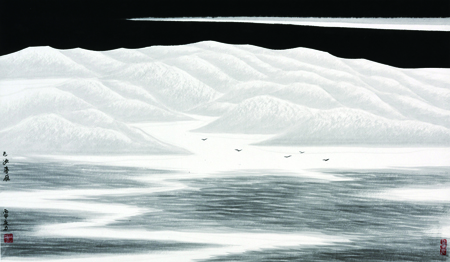 1490081108128996.jpg 鸿雁翎风 碧空如玉暮云空,流云追霞染山红。湖波荡起千重浪,飞雁翻波羽翎风。耿庆力绘图 陈钦成配诗.JPG