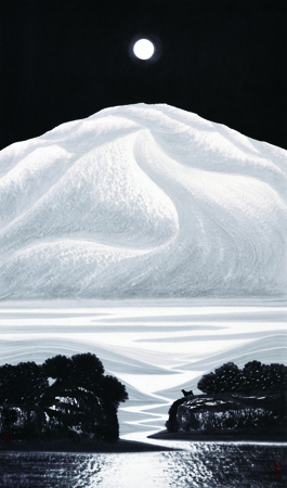 1490081128711745.jpg 江雪晓红 悬天素裹月抱峰,五彩云雪凌霄红。一声鹿鸣照江水,斗转星度银河清。耿庆力绘图 陈钦成配诗.JPG