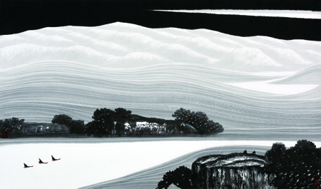 1490081144655374.jpg 息浪拖蓝 丹染冰崖落雪琼,拥翠拖蓝流碧红.一片胡杨遮江岸,浪息波平雁摇影.耿庆力绘图 陈钦成配诗.JPG