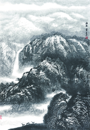 1490081163566685.jpg 迤逦拔翠 堆阜盘礡雪滋润,迤逦拔翠张绿锦。松风飞瀑润秀美,天山莽荡一湖春。耿庆力绘图 陈钦成配诗.JPG